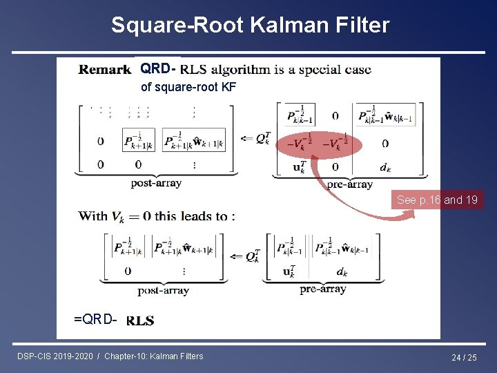 Square-Root Kalman Filter QRDof square-root KF See p. 16 and 19 =QRDDSP-CIS 2019 -2020