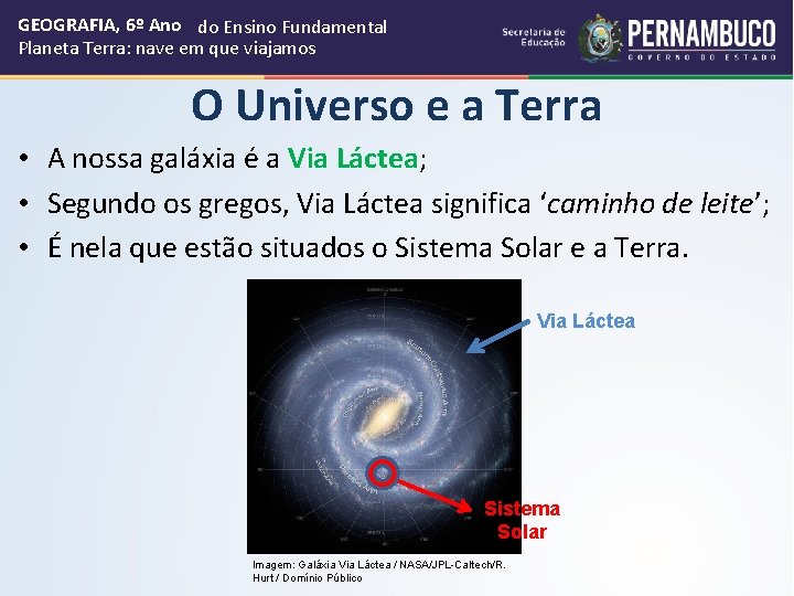 GEOGRAFIA, 6º Ano do Ensino Fundamental Planeta Terra: nave em que viajamos O Universo