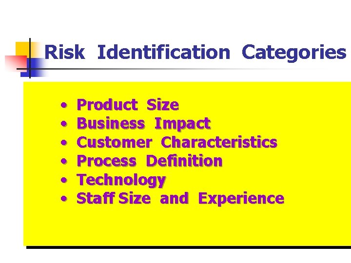 Risk Identification Categories • • • Product Size Business Impact Customer Characteristics Process Definition