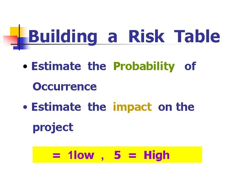 Building a Risk Table • Estimate the Probability of Occurrence • Estimate the impact