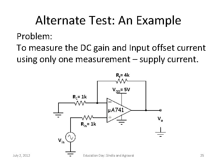 Alternate Test: An Example Problem: To measure the DC gain and Input offset current