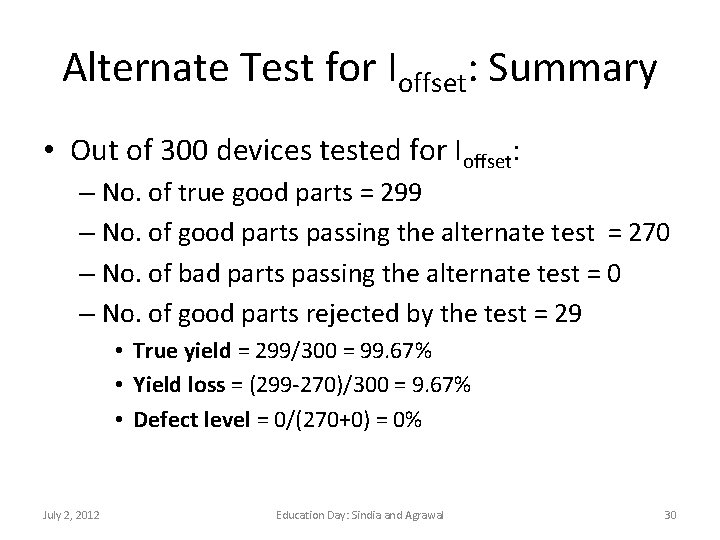 Alternate Test for Ioffset: Summary • Out of 300 devices tested for Ioffset: –