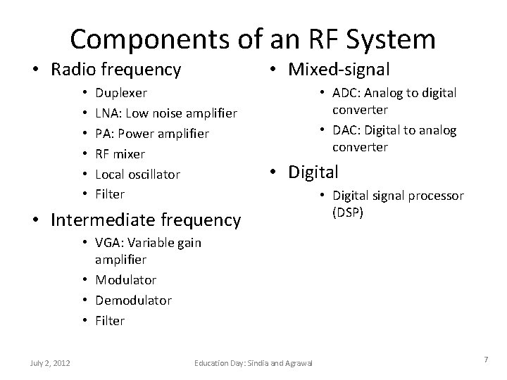 Components of an RF System • Radio frequency • • Mixed-signal Duplexer LNA: Low