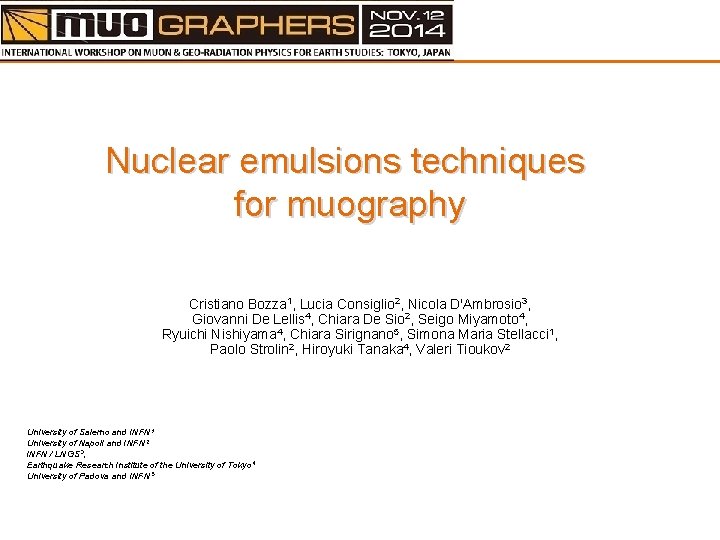 Nuclear emulsions techniques for muography Cristiano Bozza 1, Lucia Consiglio 2, Nicola D'Ambrosio 3,