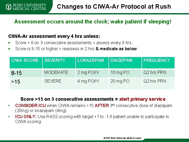 Changes to CIWA-Ar Protocol at Rush Assessment occurs around the clock; wake patient if