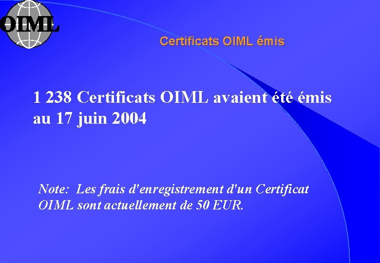 Certificats OIML émis 1 238 Certificats OIML avaient été émis au 17 juin 2004