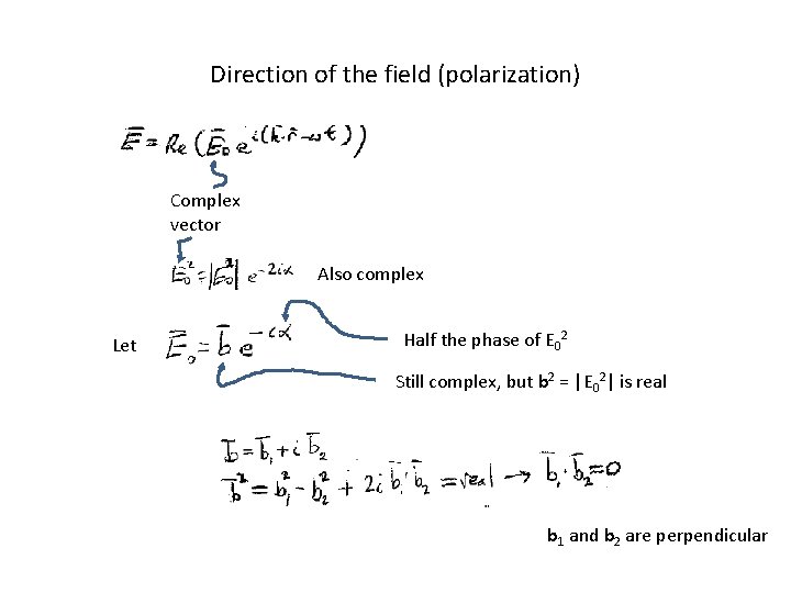 Direction of the field (polarization) Complex vector Also complex Let Half the phase of