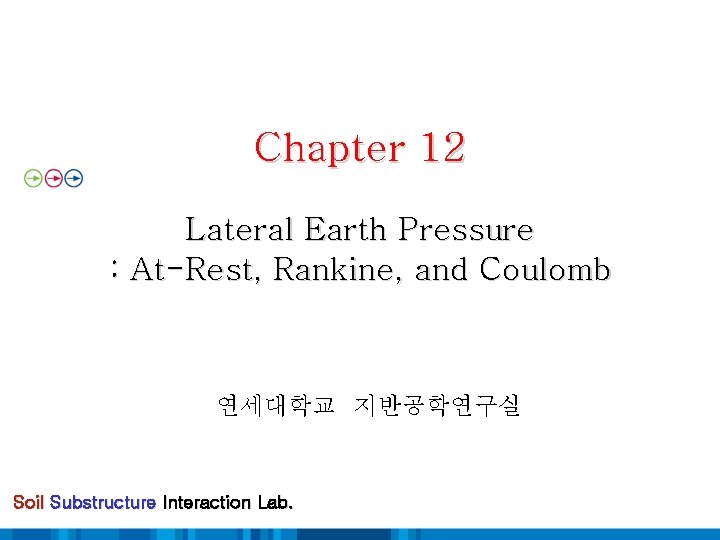 Chapter 12 Lateral Earth Pressure : At-Rest, Rankine, and Coulomb 연세대학교 지반공학연구실 Soil Substructure