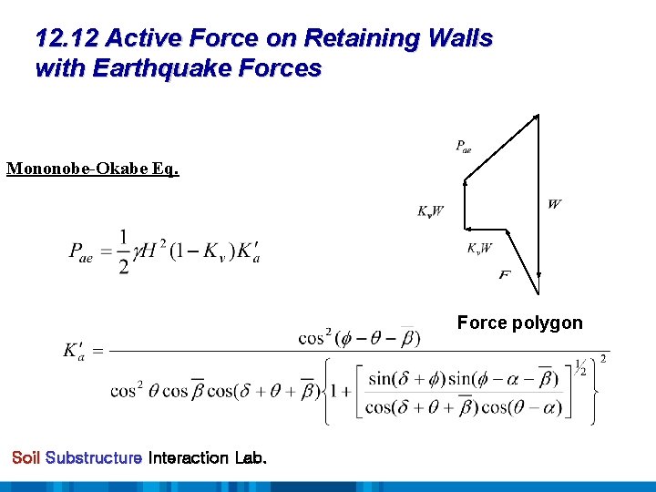 12. 12 Active Force on Retaining Walls with Earthquake Forces Mononobe-Okabe Eq. Force polygon