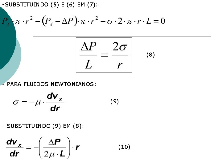 -SUBSTITUINDO (5) E (6) EM (7): (8) - PARA FLUIDOS NEWTONIANOS: (9) - SUBSTITUINDO -SUBSTITUINDO (5) E (6) EM (7): (8) - PARA FLUIDOS NEWTONIANOS: (9) - SUBSTITUINDO