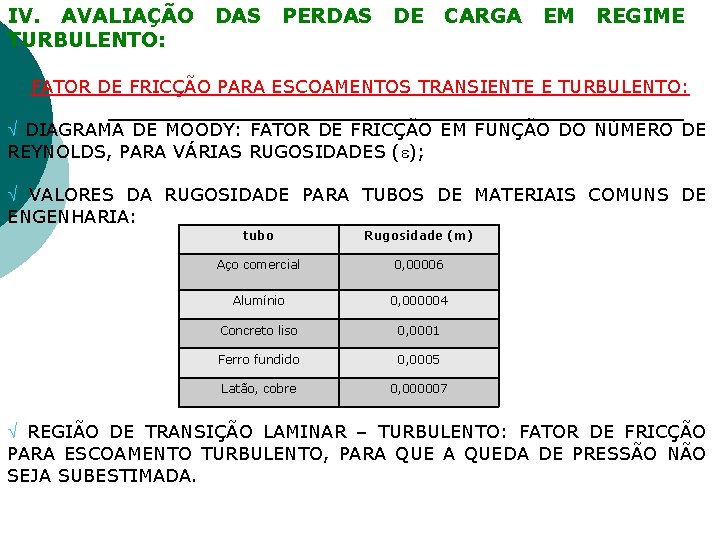 IV. AVALIAÇÃO TURBULENTO: DAS PERDAS DE CARGA EM REGIME FATOR DE FRICÇÃO PARA ESCOAMENTOS IV. AVALIAÇÃO TURBULENTO: DAS PERDAS DE CARGA EM REGIME FATOR DE FRICÇÃO PARA ESCOAMENTOS