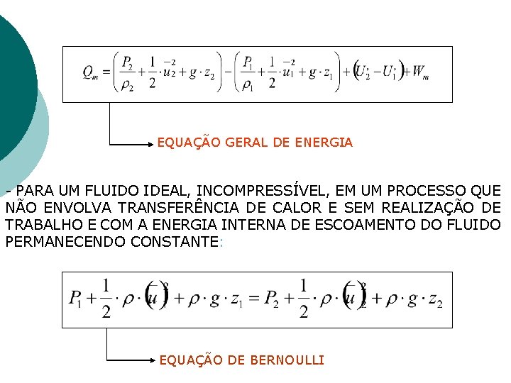 EQUAÇÃO GERAL DE ENERGIA - PARA UM FLUIDO IDEAL, INCOMPRESSÍVEL, EM UM PROCESSO QUE EQUAÇÃO GERAL DE ENERGIA - PARA UM FLUIDO IDEAL, INCOMPRESSÍVEL, EM UM PROCESSO QUE