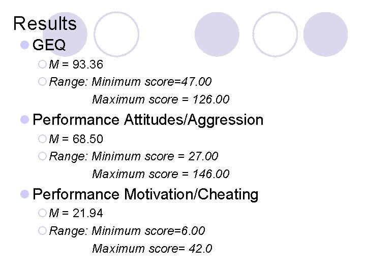 Results l GEQ ¡M = 93. 36 ¡Range: Minimum score=47. 00 Maximum score =