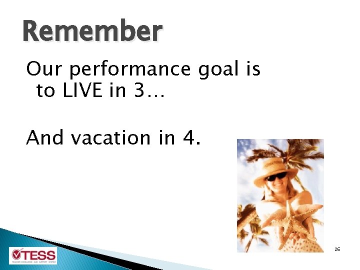 Remember Our performance goal is to LIVE in 3… And vacation in 4. 26 Remember Our performance goal is to LIVE in 3… And vacation in 4. 26
