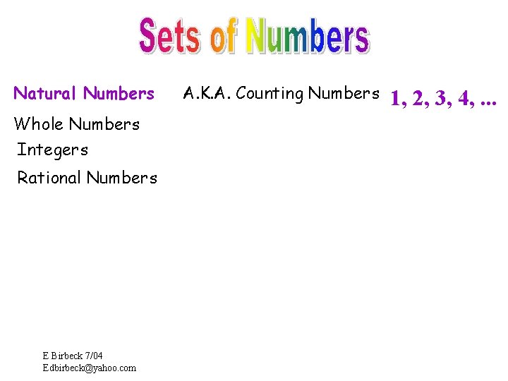 Natural Numbers Whole Numbers Integers Rational Numbers E Birbeck 7/04 Edbirbeck@yahoo. com A. K.