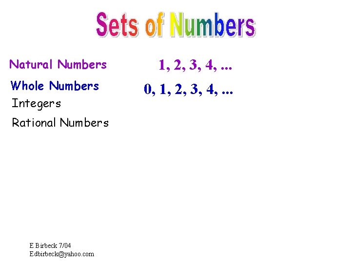 Natural Numbers Whole Numbers Integers Rational Numbers E Birbeck 7/04 Edbirbeck@yahoo. com 1, 2,