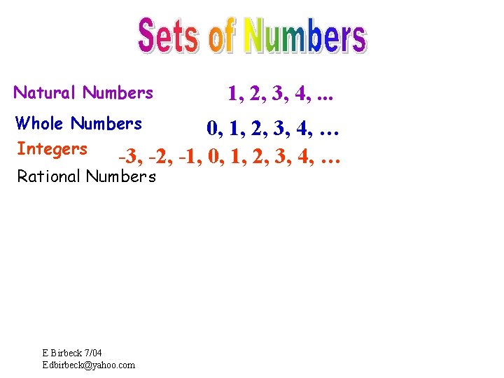 Natural Numbers Whole Numbers Integers 1, 2, 3, 4, . . . 0, 1,