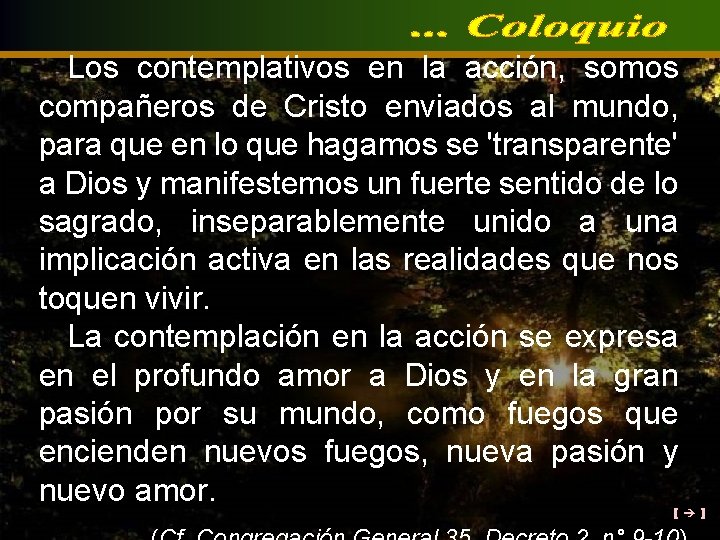 Los contemplativos en la acción, somos compañeros de Cristo enviados al mundo, para que