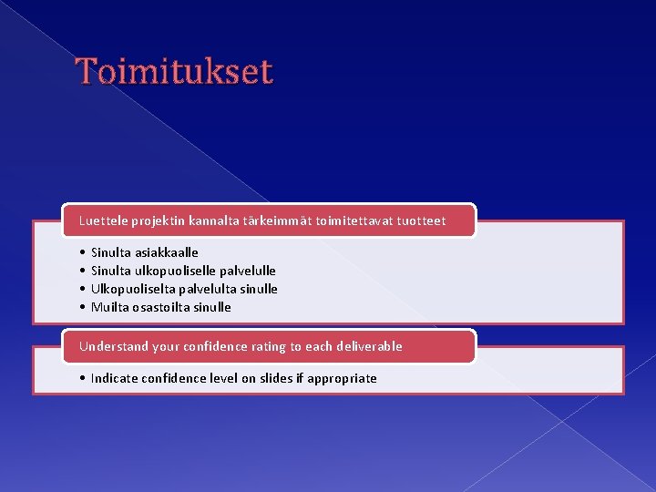 Toimitukset Luettele projektin kannalta tärkeimmät toimitettavat tuotteet • • Sinulta asiakkaalle Sinulta ulkopuoliselle palvelulle