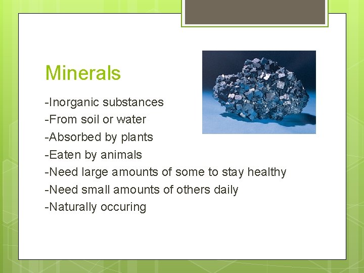 Minerals -Inorganic substances -From soil or water -Absorbed by plants -Eaten by animals -Need