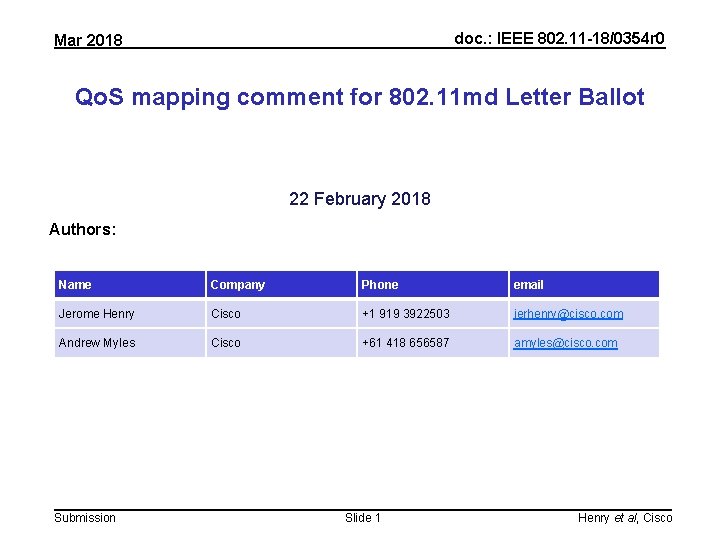 doc. : IEEE 802. 11 -18/0354 r 0 Mar 2018 Qo. S mapping comment
