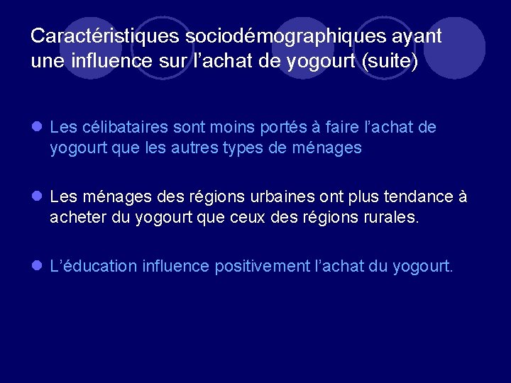 Caractéristiques sociodémographiques ayant une influence sur l’achat de yogourt (suite) l Les célibataires sont