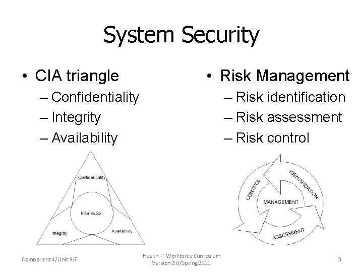 System Security • CIA triangle • Risk Management – Confidentiality – Integrity – Availability