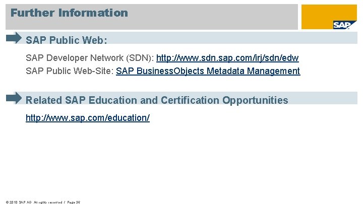 Further Information SAP Public Web: SAP Developer Network (SDN): http: //www. sdn. sap. com/irj/sdn/edw