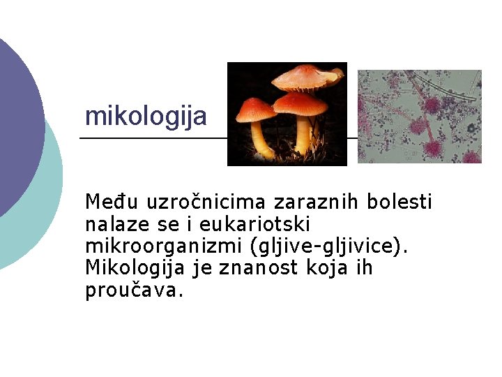 mikologija Među uzročnicima zaraznih bolesti nalaze se i eukariotski mikroorganizmi (gljive-gljivice). Mikologija je znanost