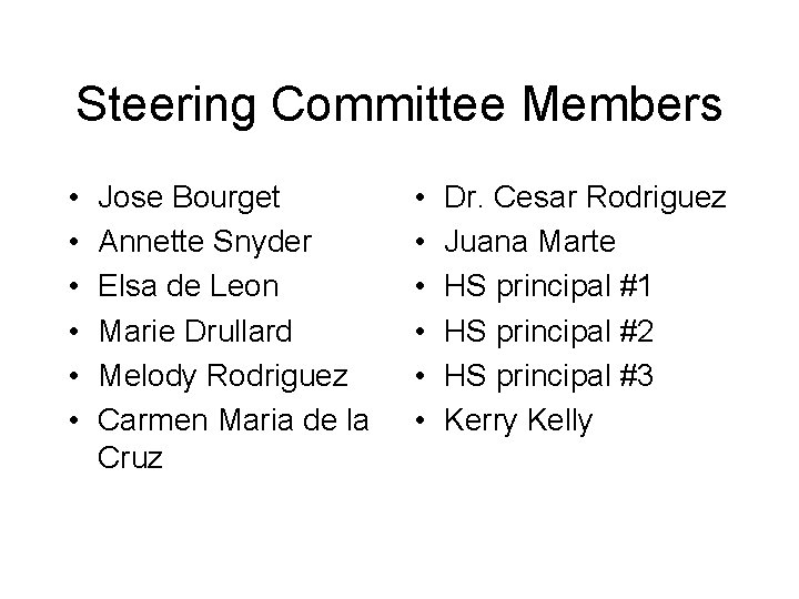 Steering Committee Members • • • Jose Bourget Annette Snyder Elsa de Leon Marie