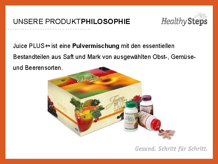 UNSERE PRODUKTPHILOSOPHIE Juice PLUS+® ist eine Pulvermischung mit den essentiellen Bestandteilen aus Saft und
