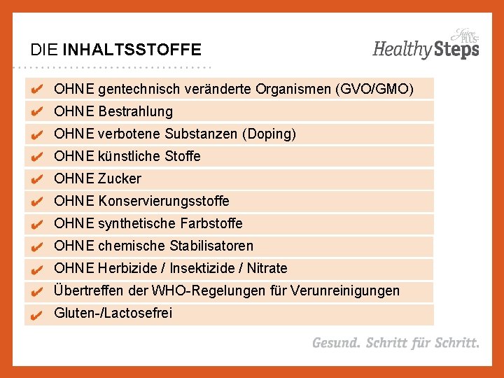 DIE INHALTSSTOFFE OHNE gentechnisch veränderte Organismen (GVO/GMO) OHNE Bestrahlung OHNE verbotene Substanzen (Doping) OHNE