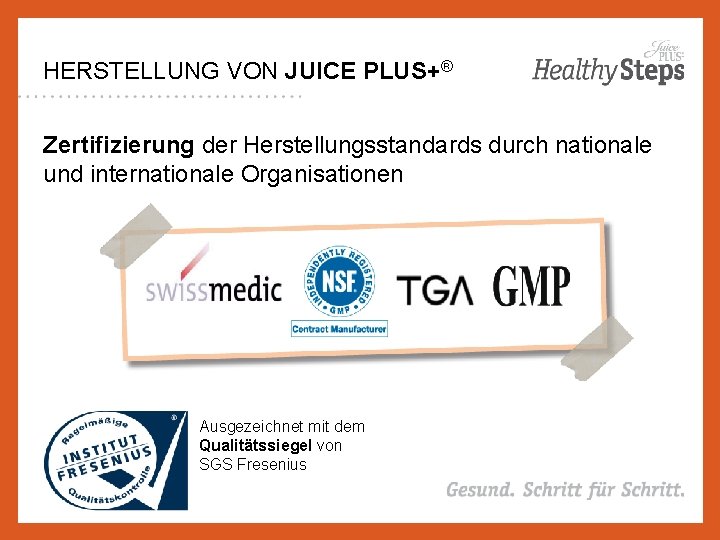 HERSTELLUNG VON JUICE PLUS+® Zertifizierung der Herstellungsstandards durch nationale und internationale Organisationen Ausgezeichnet mit