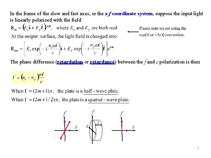 In the frame of the slow and fast axes, or the s-f coordinate system,