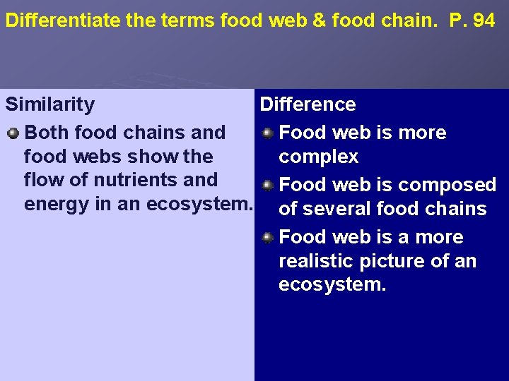Differentiate the terms food web & food chain. P. 94 Similarity Difference Both food