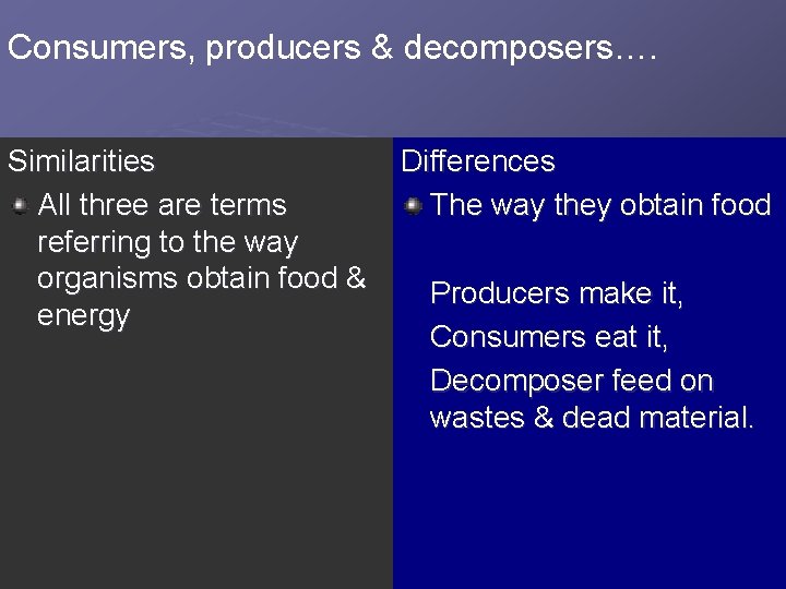 Consumers, producers & decomposers…. Similarities All three are terms referring to the way organisms