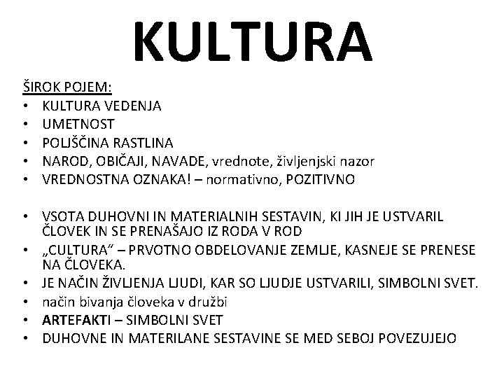 KULTURA ŠIROK POJEM: • KULTURA VEDENJA • UMETNOST • POLJŠČINA RASTLINA • NAROD, OBIČAJI,