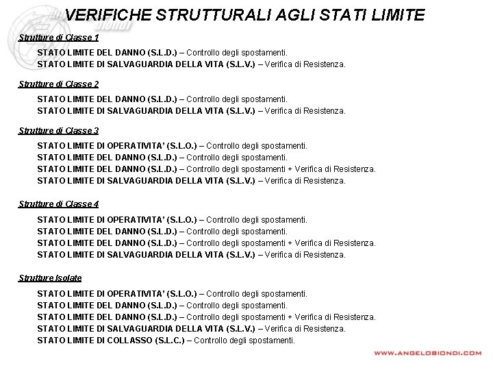 VERIFICHE STRUTTURALI AGLI STATI LIMITE Strutture di Classe 1 STATO LIMITE DEL DANNO (S.