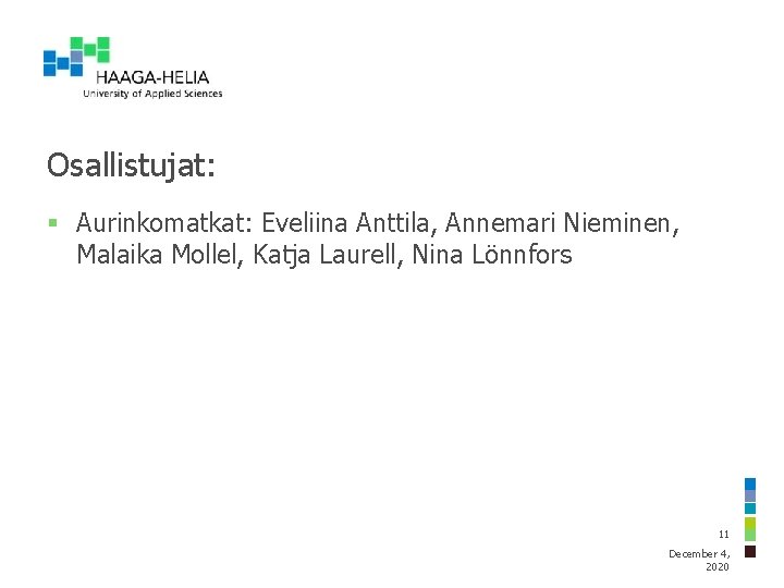 Osallistujat: § Aurinkomatkat: Eveliina Anttila, Annemari Nieminen, Malaika Mollel, Katja Laurell, Nina Lönnfors 11