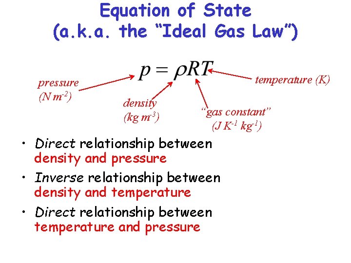 Equation of State (a. k. a. the “Ideal Gas Law”) pressure (N m-2) temperature