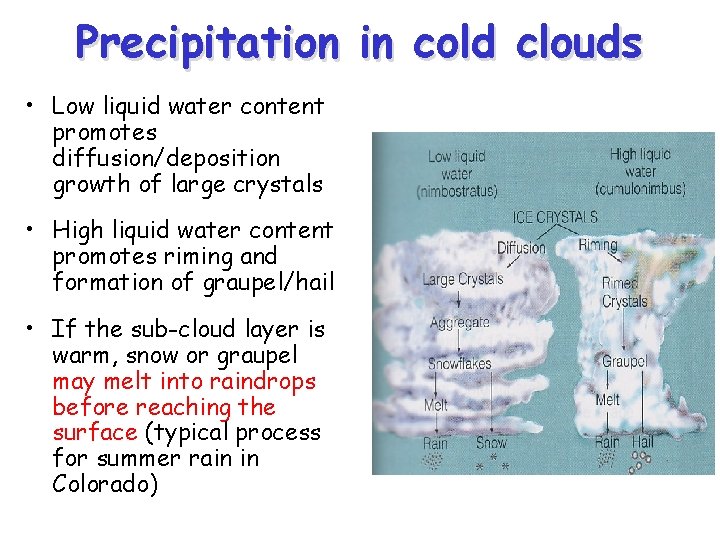 Precipitation in cold clouds • Low liquid water content promotes diffusion/deposition growth of large