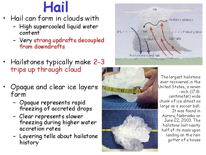 Hail • Hail can form in clouds with – High supercooled liquid water content