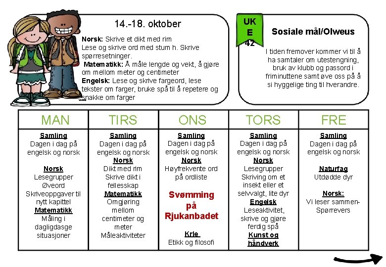 14. -18. oktober Norsk: Skrive et dikt med rim Lese og skrive ord med