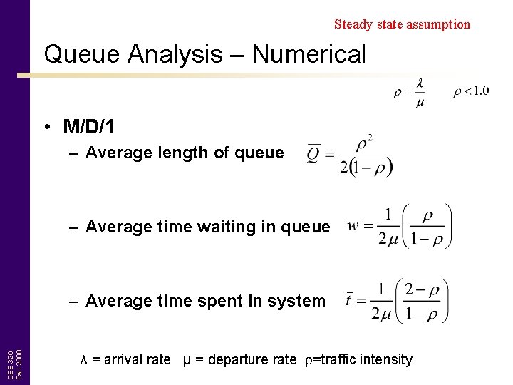 Steady state assumption Queue Analysis – Numerical • M/D/1 – Average length of queue