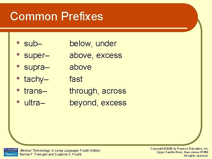 Common Prefixes • • • sub– super– supra– tachy– trans– ultra– below, under above,
