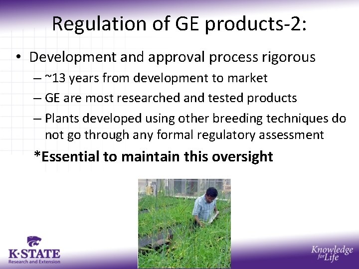 Regulation of GE products-2: • Development and approval process rigorous – ~13 years from