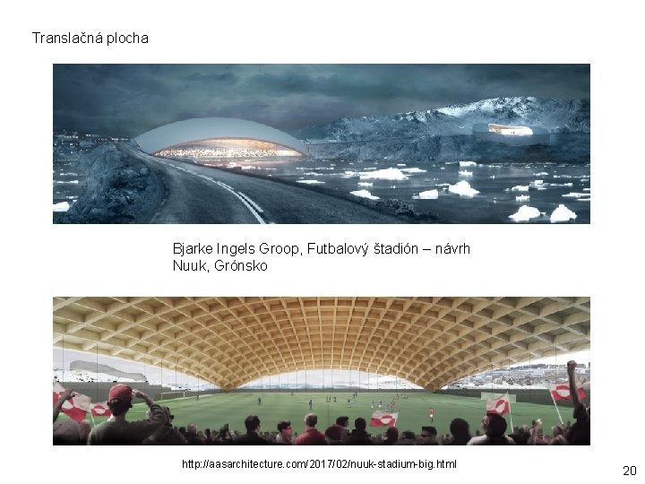 Translačná plocha Bjarke Ingels Groop, Futbalový štadión – návrh Nuuk, Grónsko http: //aasarchitecture. com/2017/02/nuuk-stadium-big.