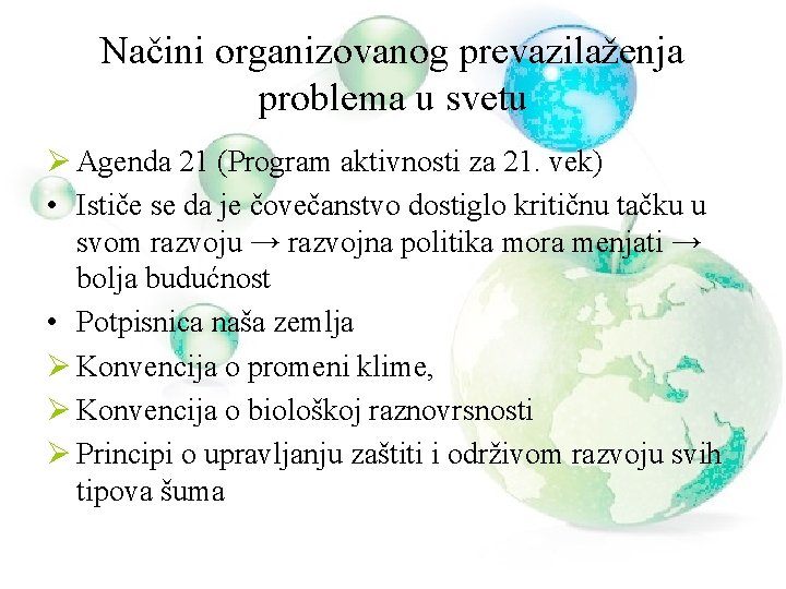 Načini organizovanog prevazilaženja problema u svetu Ø Agenda 21 (Program aktivnosti za 21. vek)