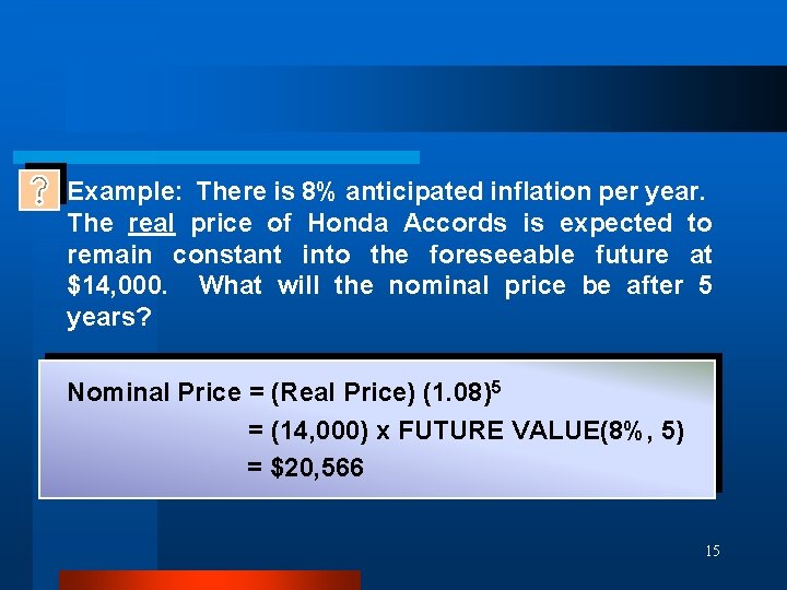 Example: There is 8% anticipated inflation per year. The real price of Honda Accords