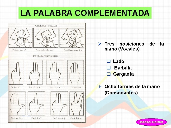 LA PALABRA COMPLEMENTADA Ø Tres posiciones de la mano (Vocales) q Lado q Barbilla